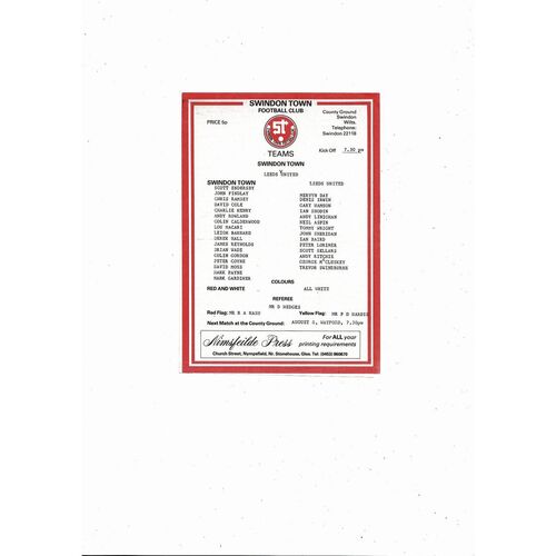 1985/86 Swindon Town v Leeds United Friendly Football Programme