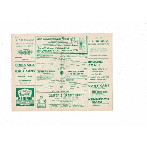 1959/60 Ashford Town v Dover Reserves Southern League Football Programme