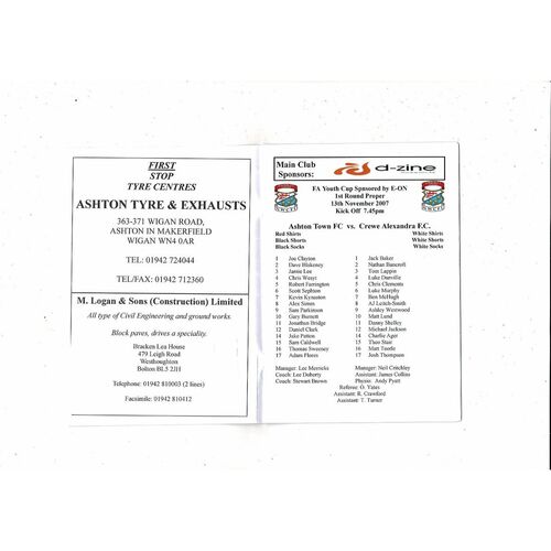 Ashton Town v Crewe FA Youth Cup Football Programme 2007/08