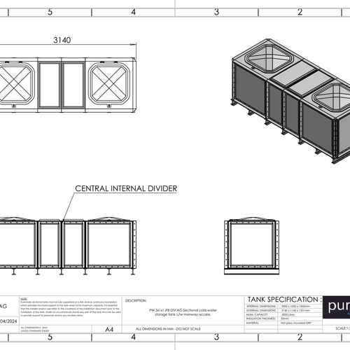 PW.3X1X1.IFB.DIV.AG(1.5+1.5) - 3000 LITRE DIVIDED SECTIONAL WATER TANK, INTERNALLY FLANGED BASE (IFB)