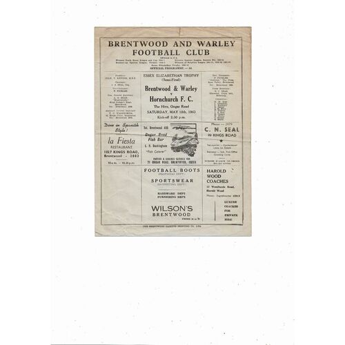 1963 Brentwood & Warley v Hornchurch Essex Elizabethan Trophy Semi Final