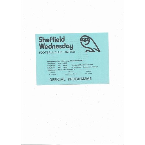 Sheffield Wednesday v Manchester City Central League Football Programme 1981/82