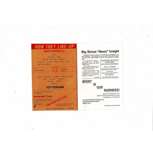 Motherwell v Tottenham Hotspur Texaco Cup Football Programme 1970/71