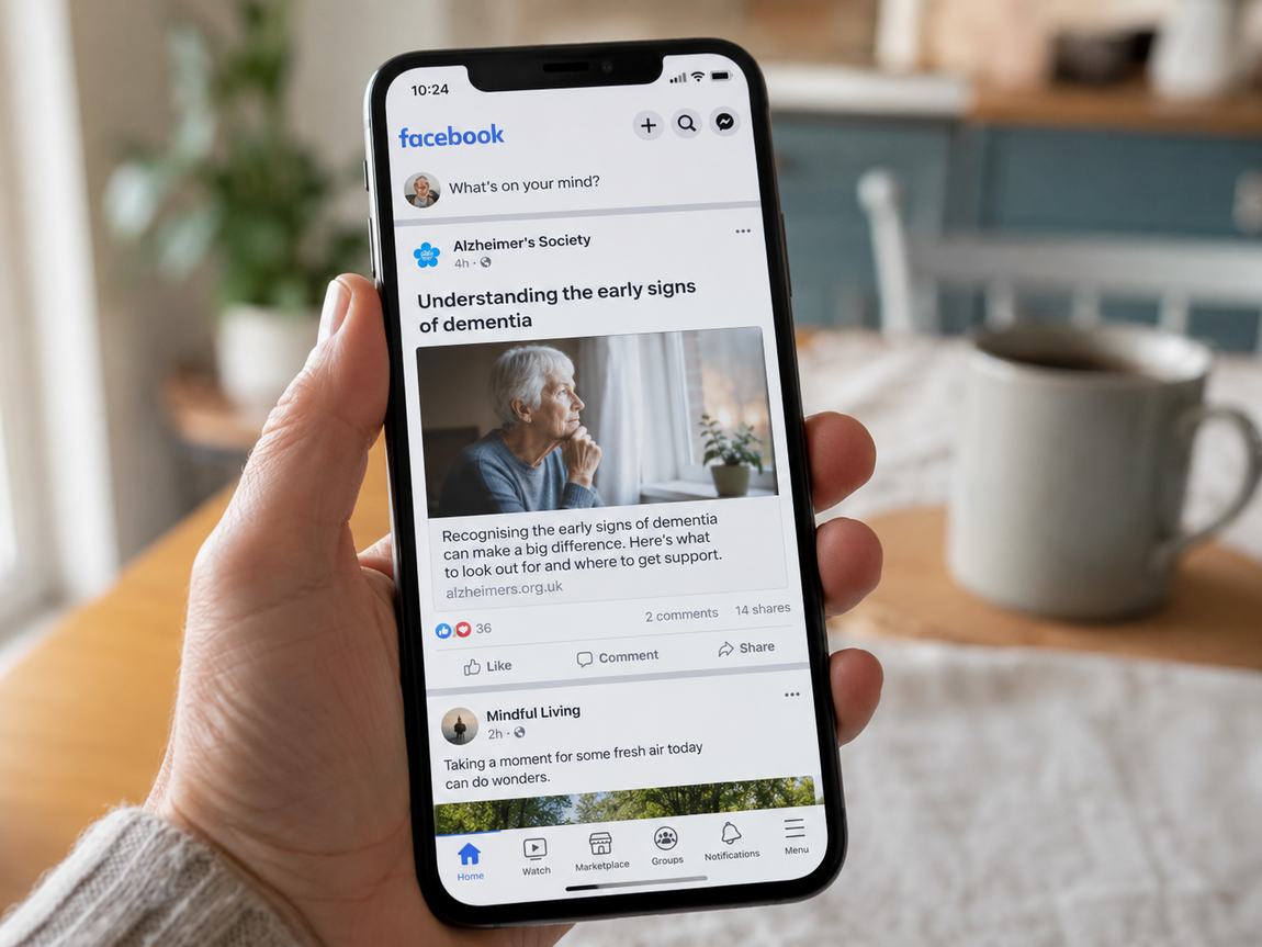 Hand holding a mobile phone with Facebook showing a Alzheimer's Society article 