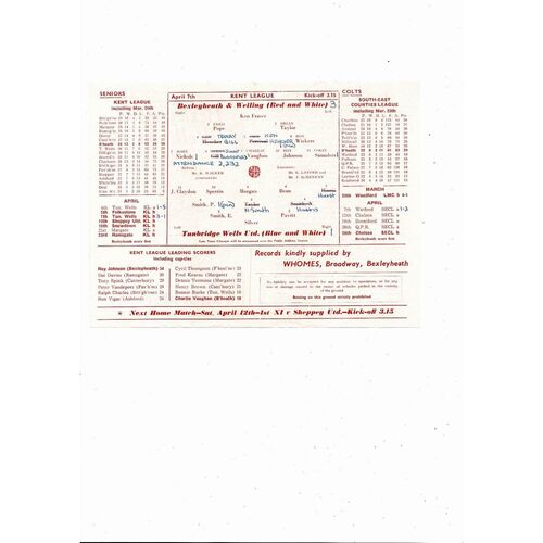 1957/58 Bexleyheath & Welling v Tunbridge Wells Kent League Football Programme