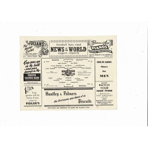 1957/58 Reading v Walsall Football Programme