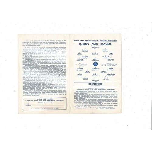 Queens Park Rangers v Brentford Charity Match Football Programme 1963/64