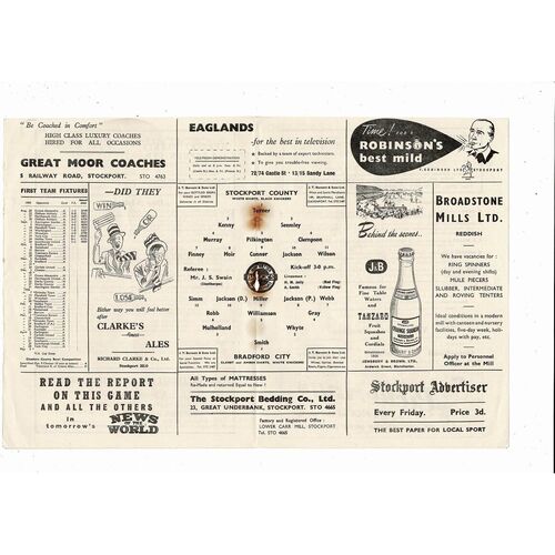 1955/56 Stockport County v Bradford City Football Programme