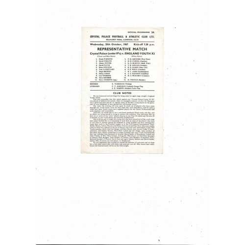 Crystal Palace U19 v England Youth Friendly Football Programme 1967/68