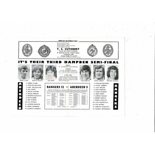 1976/77 Aberdeen v Rangers Scottish League Cup Semi Final Football Programme