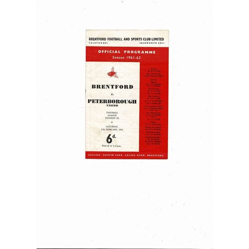 1961/62 Brentford v Peterborough United Football Programme