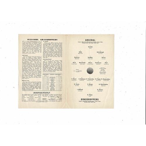 Arsenal v Grasshoppers Friendly Football Programme 1959/60