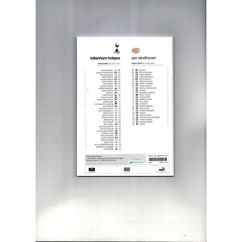 Tottenham Hotspur v PSV Eindhoven UEFA Cup Football Programme 2007/08