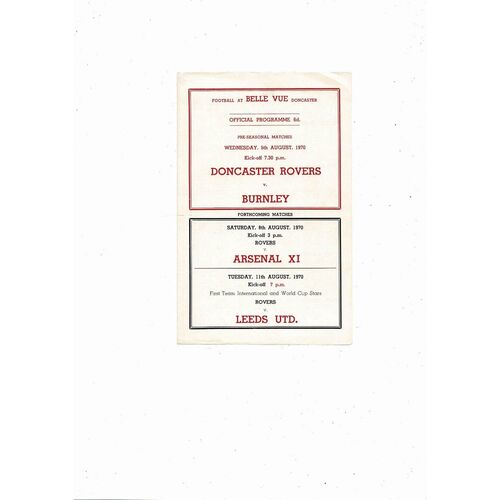 Doncaster Rovers v Burnley Friendly Football Programme 1970/71
