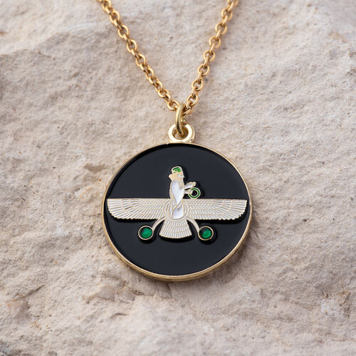 Round Pendant. Persian Farvahar with Two Green Stones.