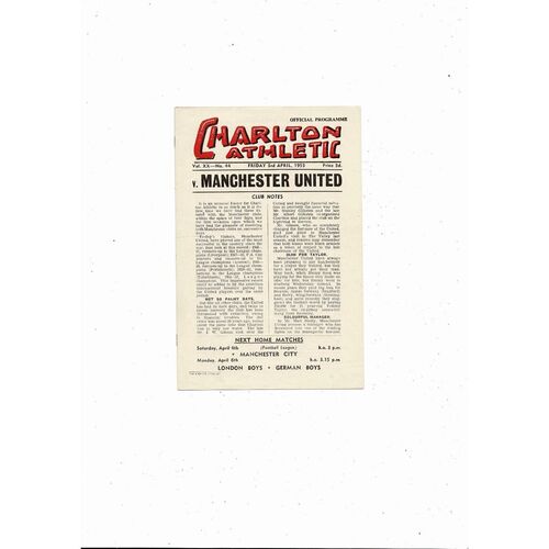 1952/53 Charlton Athletic v Manchester United Football Programme