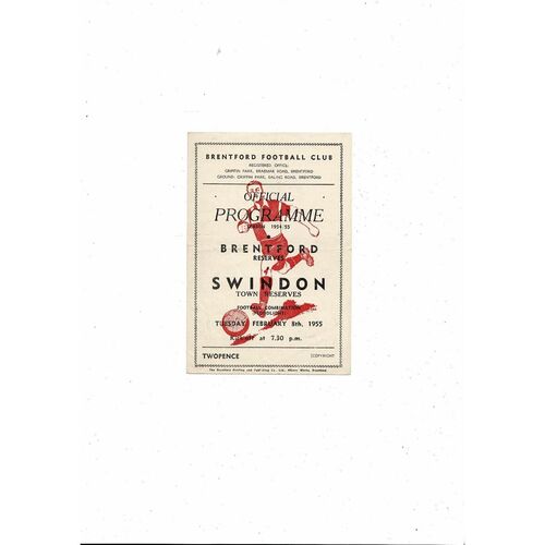 Brentford v Swindon Town Football Combination Programme 1954/55