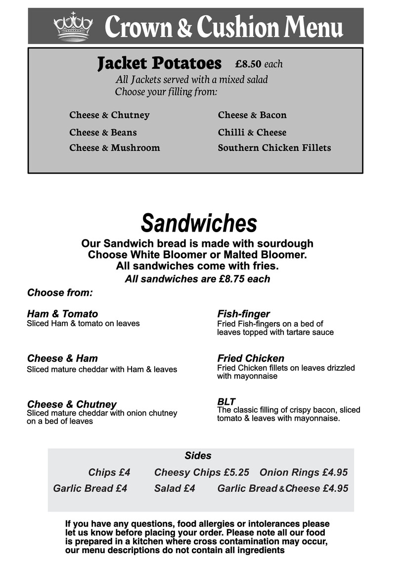 Menus | The Crown and Cushion | Hotels in Eton | B&amp;amp;Bs in Eton | Places to stay in Eton