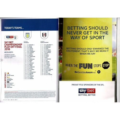 2018 Aston Villa v Fulham Play Off Final Championship Football Programme