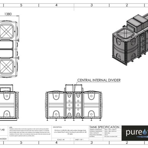 PW.3X1X1.5.IFB.DIV.AB(1.5+1.5) - 4500 LITRE DIVIDED SECTIONAL WATER TANK, INTERNALLY FLANGED BASE (IFB) C/W FVH
