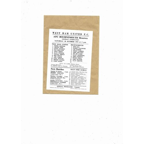 West Ham United v Bournemouth Football Combination Programme 1973/74