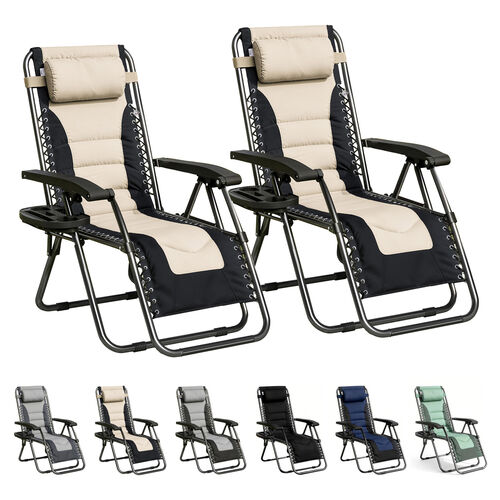 mcc direct Zero Gravity Chair Set of 2 – Padded Oxford Fabric Reclining & Folding Outdoor Garden Chairs with Cup Holder and Headrest Pillow –  OXFORD