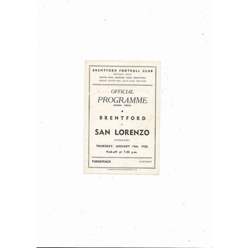 Brentford v San Lorenzo Floodlight Friendly Football Programme 1955/56