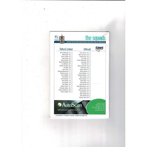 Telford United v Millwall FA Cup Football Programme Postponed + Press Cutting