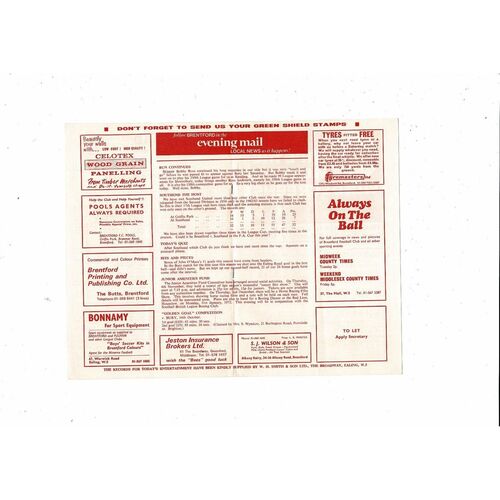 1971/72 Brentford v Southend United Football Programme