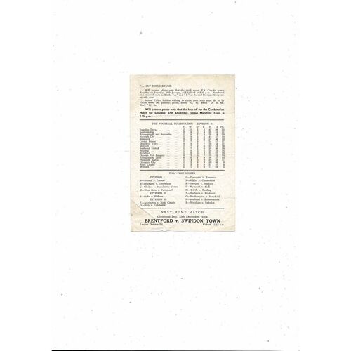 Brentford v Swindon Town Football Combination Programme 1958/59