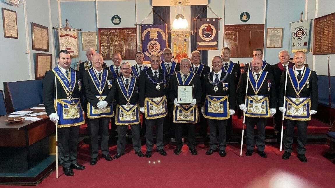 Active Officers of the Provincial Grand Lodge of Cornwall celebrating Maurice Kimber's 50 years as a Freemason