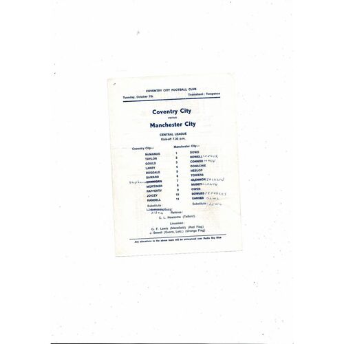 Coventry City v Manchester City Central League Football Programme 1969/70
