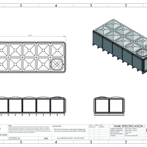 PW.5X2X1.TIF.AG - 12,733 LITRE SECTIONAL WATER TANK, TOTALLY INTERNALLY FLANGED (TIF)