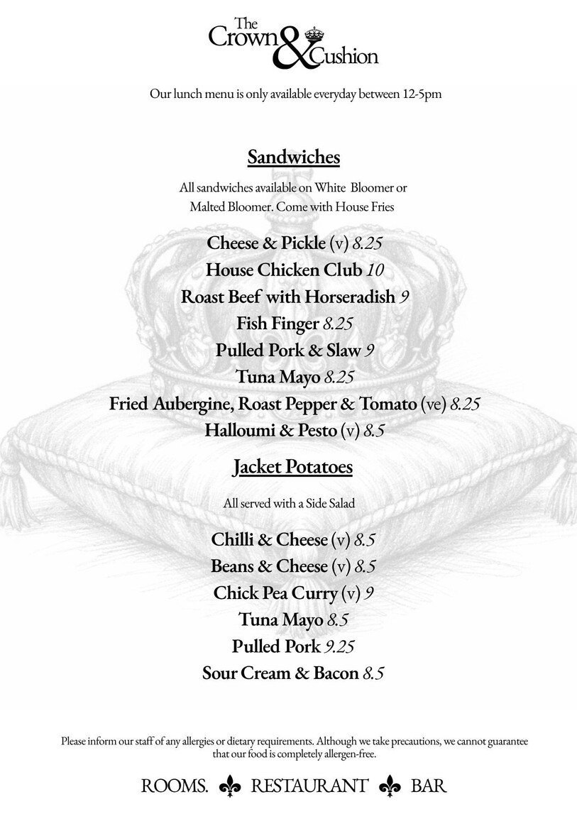 Menus | The Crown and Cushion | Hotels in Eton | B&amp;amp;Bs in Eton | Places to stay in Eton