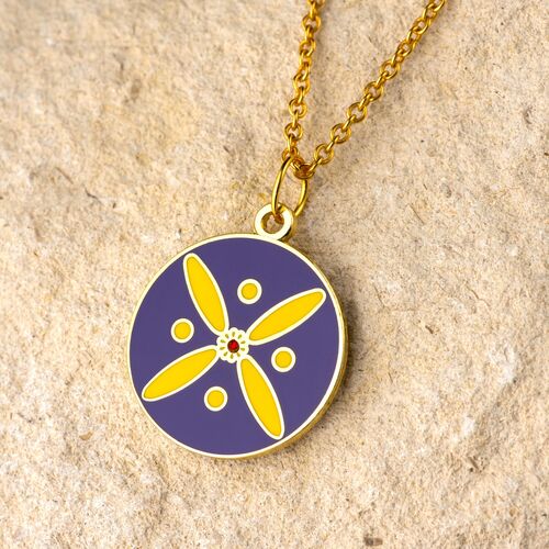 Round Pendant. The Persian Cross. Deep Yellow on Purple with 1 Central Red Stone.
