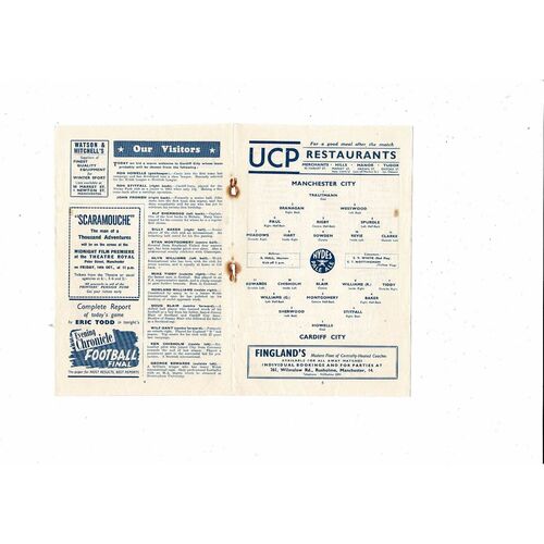 1952/53 Manchester City v Cardiff City Football Programme