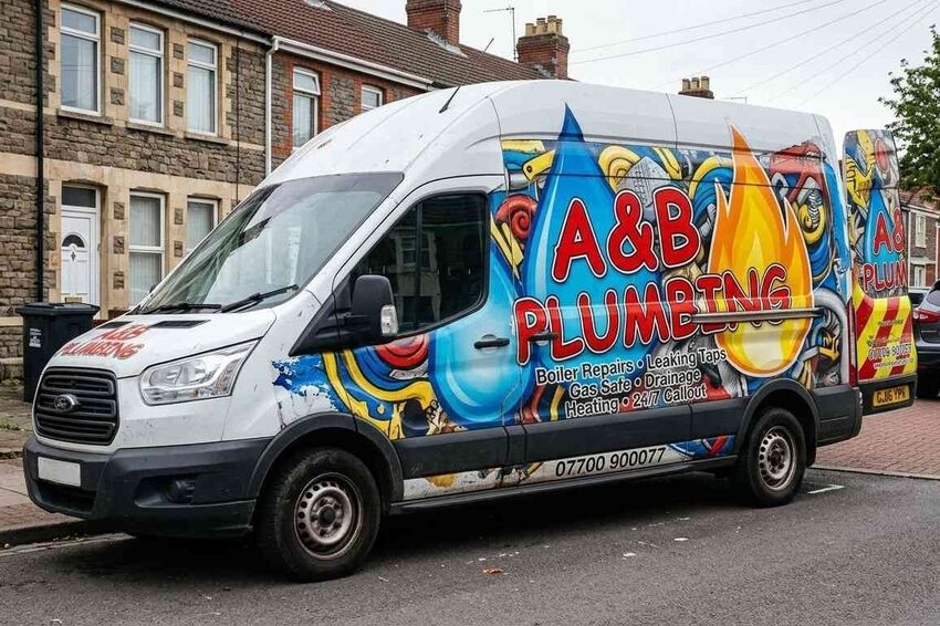 Example of cluttered van graphics on a tradesman vehicle.