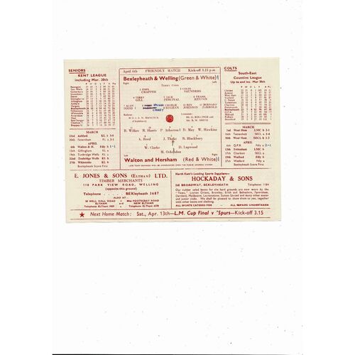 Bexleyheath & Welling v Walton & Hersham Friendly Football Programme 1956/57