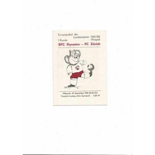 Dynamo Berlin v Zurich European Cup Football Programme 1981/82