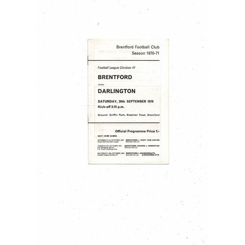 1970/71 Brentford v Darlington Football Programme