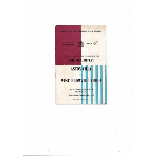 1957 Aston Villa v West Bromwich Albion FA Cup Semi Final Replay Programme @ Birmingham