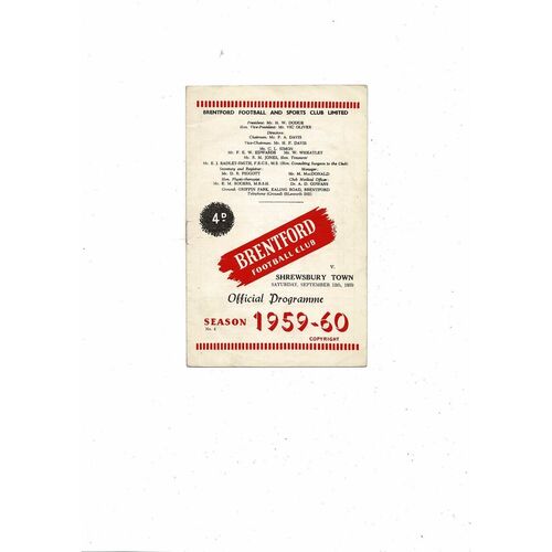 1959/60 Brentford v Shrewsbury Town Football Programme