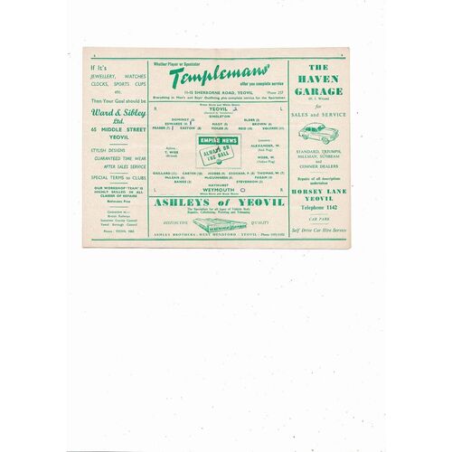 1955/56 Yeovil Town v Weymouth Southern League Football Programme