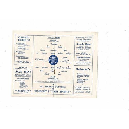 1953/54 Burnley v Sunderland Football Programme