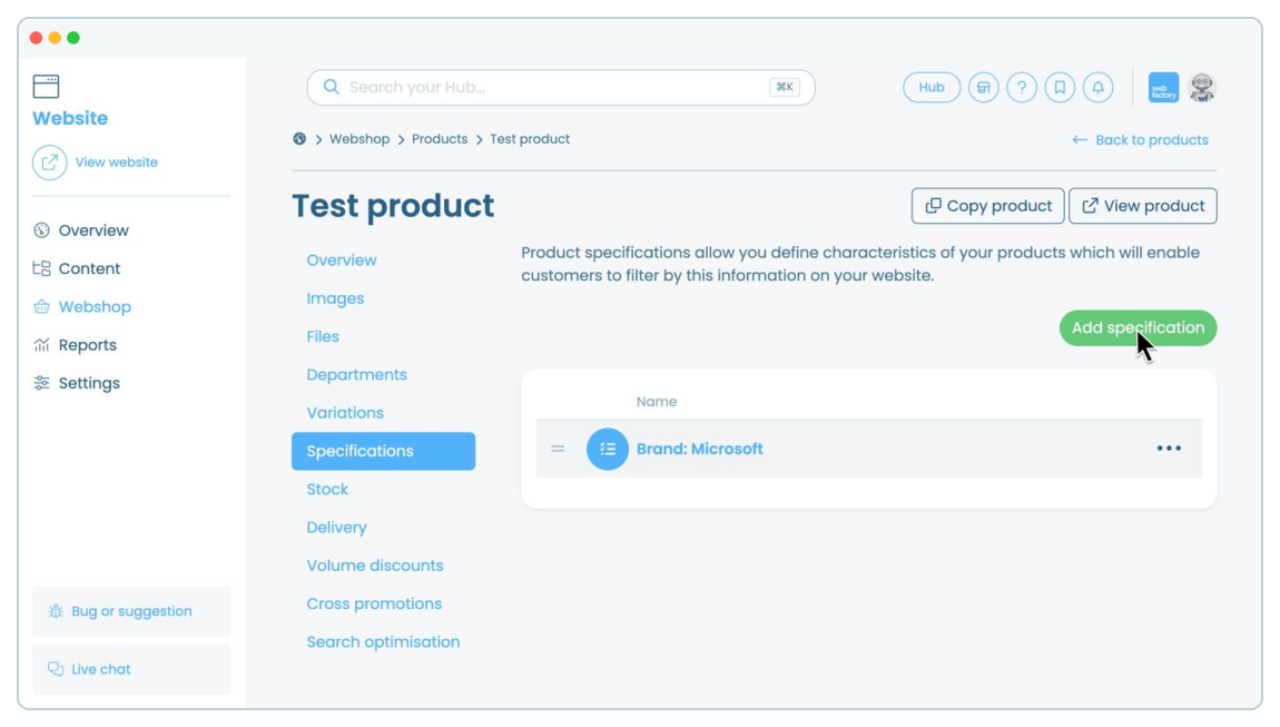 How to add and manage product specifications | Webfactory Support | Webfactory