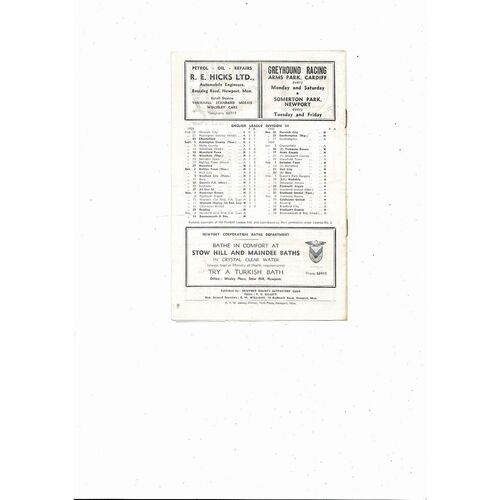 1958/59 Newport County v Reading Football Programme