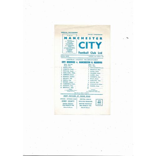 Manchester City v Manchester United Central League Football Programme 1969/70