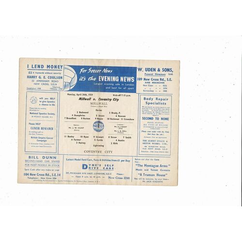 1958/59 Millwall v Coventry City Football Programme