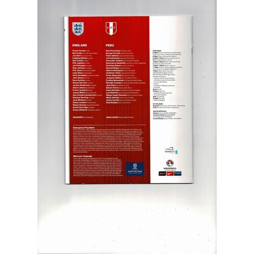 2014 England v Peru Football Programme