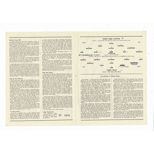 1956/57 West Ham United v Port Vale Football Programme